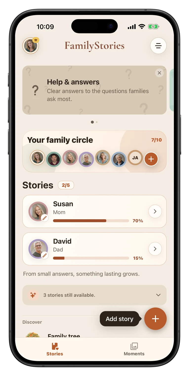 App screen showing a life story question with memory prompts
