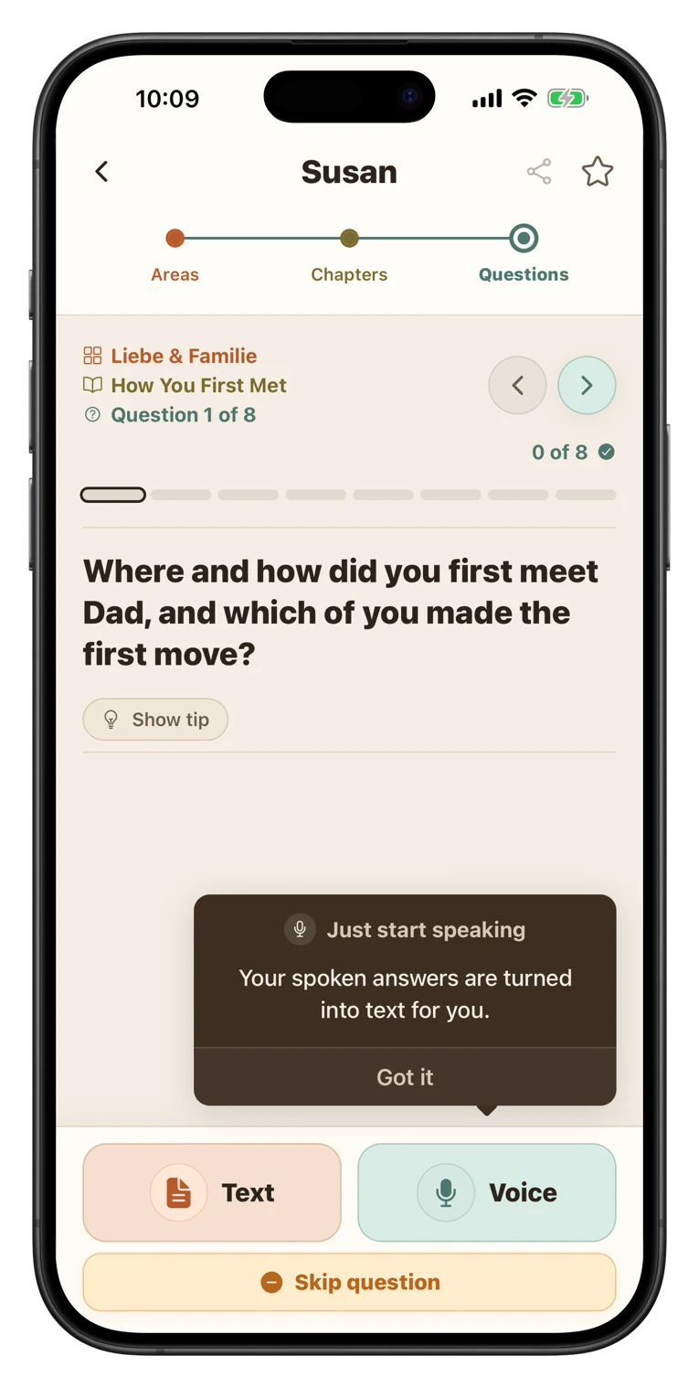 App screen for answering by text or voice